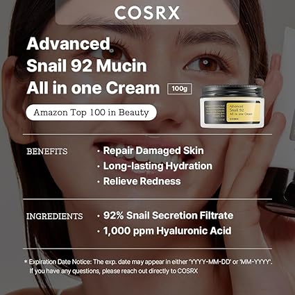 COSRX Snail Mucin 92% Repair Cream, Daily Face Gel Moisturizer for Dry Skin, Acne-prone, Sensitive Skin, Not Tested on Animals, No Parabens, Korean Skin Care (3.52 Fl Oz (Pack of 1))