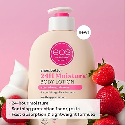 eos Shea Better Body Lotion- Strawberry Dream, 24-Hour Moisture Skin Care, Lightweight & Non-Greasy, Made with Natural Shea, Vegan, 16 fl oz