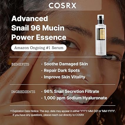 COSRX Snail Mucin 96% Power Repairing Essence 3.38 fl.oz 100ml, Hydrating Serum for Face with Snail Secretion Filtrate for Dull Skin & Fine Lines, Korean Skin Care