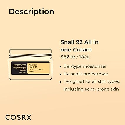 COSRX Snail Mucin 92% Repair Cream, Daily Face Gel Moisturizer for Dry Skin, Acne-prone, Sensitive Skin, Not Tested on Animals, No Parabens, Korean Skin Care (3.52 Fl Oz (Pack of 1))