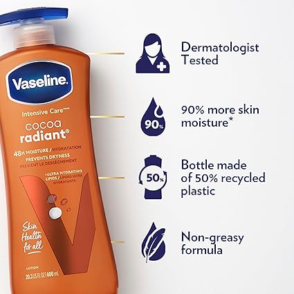 Vaseline Intensive Care Body Lotion for Dry Skin Cocoa Radiant Lotion Made with Ultra-Hydrating Lipids and Pure Cocoa Butter for a Long-Lasting, Radiant Glow 20.3 oz, Pack of 3