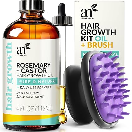 Artnaturals Organic Rosemary Castor Hair Oil + Massager Set - 4 oz with Coconut & Olive Oil for Dry, Damaged & Split Ends